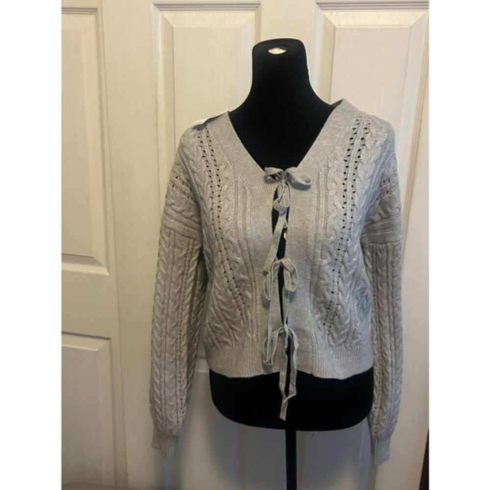 NWT Aeroposatle XS Tie-Front Cable Knit Cardigan Sweater in Light Gray F
